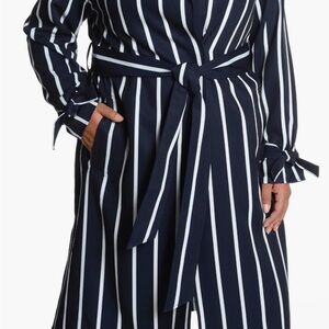RACHEL Rachel Roy Navy and White Striped Belted Tench Coat Size 1X